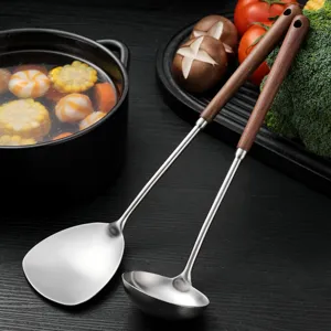 Ustensiles de Cuisine en Acier Inoxydable 304 Poignée en Bois Spatule Louche Écumoire Outils de Cuisine