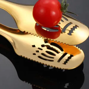 Gold stainless steel food tong kitchen barbecue tong with perforated design for steak serving