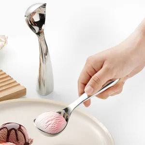 Durable stainless steel ice cream scoop, upright dessert spoon and fruit baller tool.