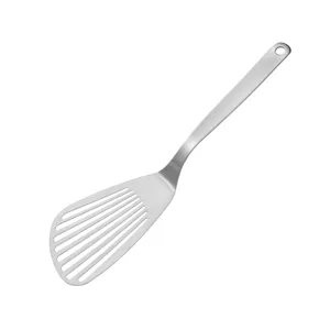 Stainless steel kitchen spatula with slotted design, ideal for frying fish, steak and cooking.