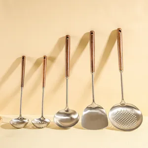 304 Stainless Steel Kitchen Utensils Set with Walnut Handle Spatula Soup Spoon Colander