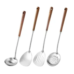 Ensemble d'ustensiles de cuisine en acier inoxydable avec manche en bois louche spatule