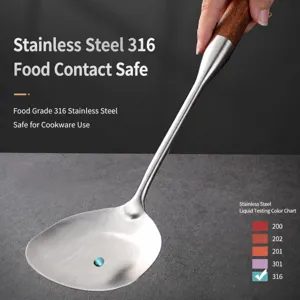 Stainless steel kitchen spatula with wooden handle for home cooking and soup serving daily use.