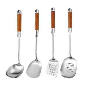 Stainless steel kitchen utensils set with wooden handles soup ladle and spatulas four pieces