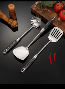 Stainless steel kitchen utensil set with wooden grain handle, durable cooking tools for home.