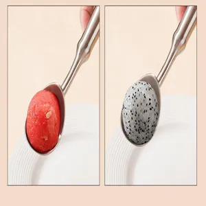 Stainless steel fruit melon ball scoop for watermelon ice cream dessert kitchen tool detail view.