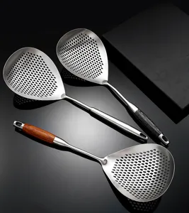 Stainless steel colander strainer spoon with wooden handle for kitchen frying and draining noodles