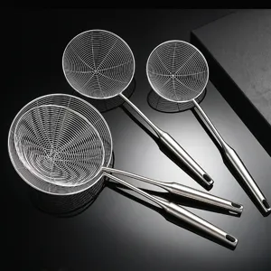 Stainless steel spider strainer skimmer set for kitchen frying and draining noodles securely.