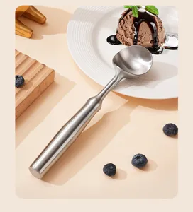 Stainless steel ice cream scoop detail showing smooth metal handle and polished bowl for frozen desserts.