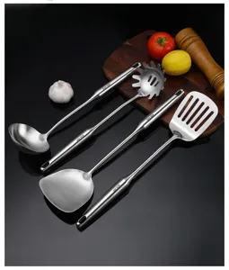 Stainless steel kitchen utensil set detail showing 304 material, ladle, spatula, and pasta spoon.