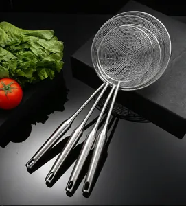 Stainless steel kitchen skimmer mesh strainer detail view with four sizes and long handles.