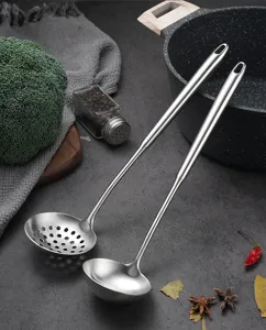 Stainless steel soup ladle and slotted spoon set, long handle kitchen cooking tools.
