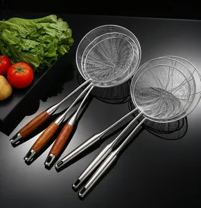Stainless steel spider strainer skimmer detail, long handle kitchen tool for frying and draining.