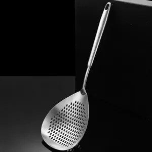 Stainless steel kitchen colander spoon with fine mesh holes for filtering oil and dumplings safely.