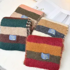 Detailed view of cozy striped knit scarf detail, soft wool blend texture, autumn winter warmth.