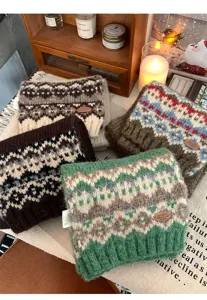 Cozy Fair Isle knitted scarf for women and men, vintage winter warm wool blend neck scarf.