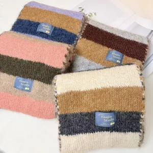 Close-up detail of cozy winter knitted striped scarf, soft wool blend texture, warm neckwear.
