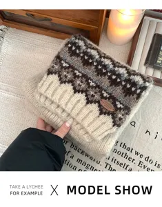 Cozy Fair Isle wool knit winter scarf in beige with vintage geometric pattern for women.