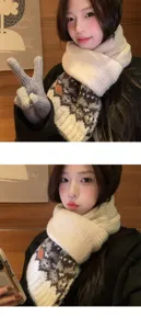 Fair Isle knit beige winter scarf for women, cozy warm wool neck warmer with vintage pattern.