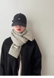 Korean style wool blend cable knit scarf and hat set, winter warm thick solid color scarf.