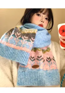 Women wool blend blue Fair Isle jacquard knit scarf winter warm cozy thick neck warmer fashion