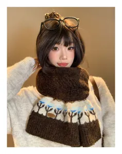 Women winter wool blend knit scarf Fair Isle pattern cozy warm brown neck warmer