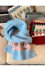 Blue wool blend Fair Isle jacquard knit scarf, thick winter warm neck warmer for women.