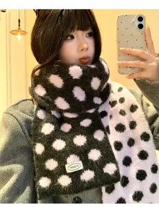 Korean style wool polka dot knitted scarf for women, cozy winter warm casual soft neck warmer.