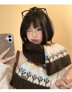 Winter wool blend knit scarf women Fair Isle floral pattern cozy warm winter neck warmer brown