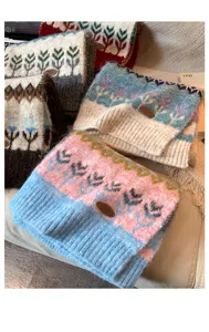 Wool blend Fair Isle jacquard knitted winter scarf cozy thick neck warmer for women