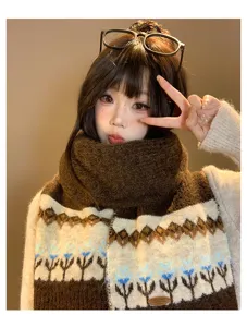 Winter wool blend knit scarf women Fair Isle jacquard brown Korean style warm cozy neck warmer