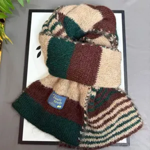 Cozy winter woolen blend scarf with chic plaid and stripe pattern, thick and warm for women.