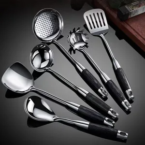 Stainless Steel Kitchen Utensil Set With Wooden Handle Cooking Spatula Soup Spoon Kitchen Tool For Home Cooking