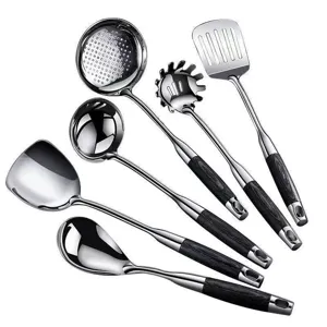 Stainless steel kitchen utensils set with wooden handle, durable cooking tools for home kitchen.