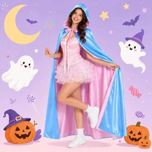 Halloween fairy godmother costume cape set, pink corset dress with blue hooded cloak for women.