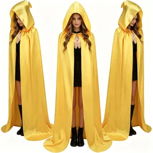Women yellow hooded cloak satin cape halloween cosplay costume long fantasy robe photography prop