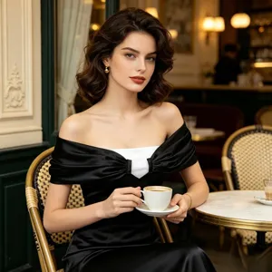 Detalles del elegante chal de vestido de noche de satén negro con hombros descubiertos.