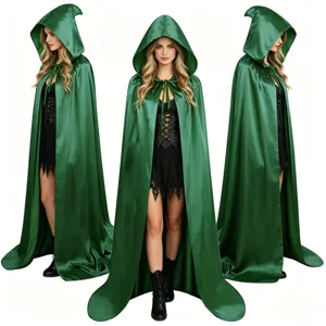 Dark green satin hooded cloak cape long costume for Halloween cosplay party dress outfit.