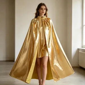 Glossy metallic gold long cape detail, elegant stand collar cloak fabric close-up view.