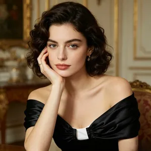 Detalle del elegante vestido de noche negro con efecto de seda y hombros descubiertos.