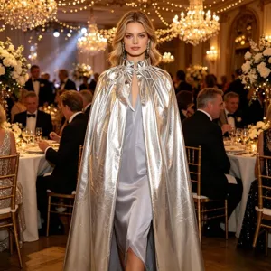 Silver metallic cape for women long shiny cloak stand collar evening party costume outerwear.