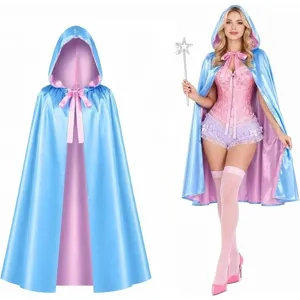 Blue pink reversible hooded cape fairy godmother cosplay costume Halloween party cloak