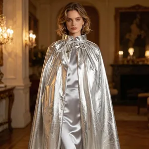Detailed view of the shiny silver metallic cape with a high collar and smooth flowing fabric.