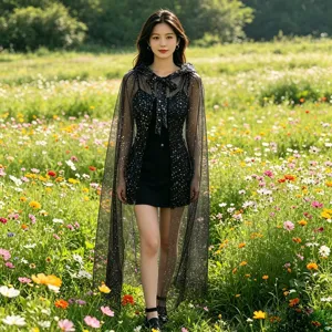Shiny gold foil star tulle hooded cape black dress set for women stage show Halloween cloak