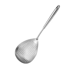 Stainless steel kitchen skimmer spoon with fine drainage holes for cooking and frying.
