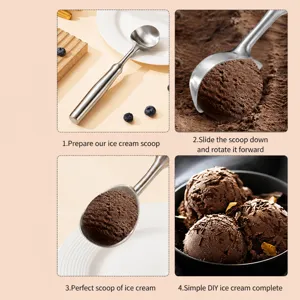 Stainless steel ice cream scoop and fruit baller kitchen tool for easy delicious dessert.
