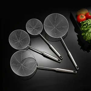 Stainless steel spider strainers set of four pieces for commercial kitchen frying and draining.