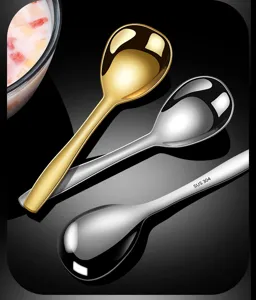 Stainless steel spoon detail, polished gold and silver finish, 304 material for home kitchen.