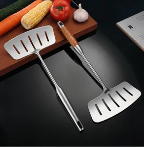 Stainless steel slotted spatula wide fish turner wooden handle kitchen cooking tool