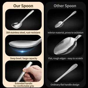 Stainless steel soup spoon with deep bowl and long comfortable handle, durable and rust resistant.